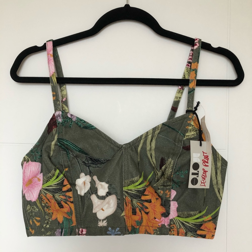 Topshop Tropical Print Denim Corset Crop Top